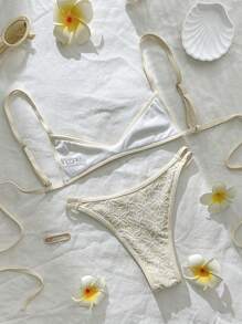 Swim Mod 2 件套女士提花面料细肩带高开叉性感比基尼套装，夏季 - 杏色 - 查看 2