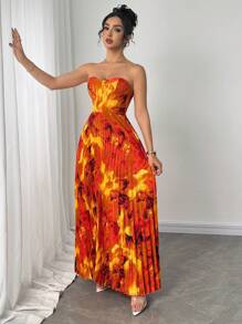 Elenzga Vestido estampado de mujer con pliegues que ciñen la cintura tipo top bandeau - Naranja - Ver 6