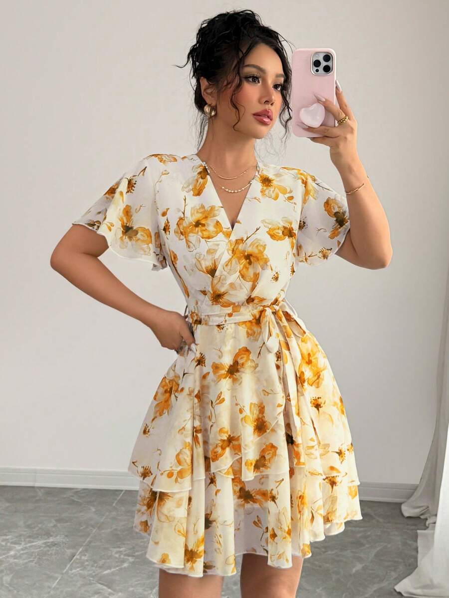 Rafferiza Printing V-Neck Ruffle Sleeve Spring Women Dress - Yellow - View 1