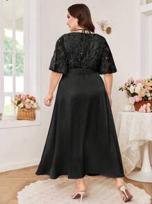 Modelyn Plus Size Mesh Embroidered Square Neck Short Sleeve Casual Summer Dress - Black - View 2