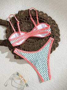 Swim Vcay New 2 Pieces Women Basic Color Block Stripe Bikini Set, Low-Waist Triangle Swimwear For Summer Beach Vacation - Multicolor - View 2