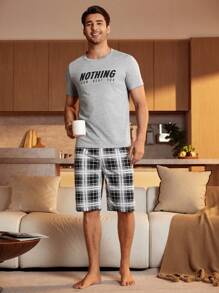 Manfinity Underwear&Sleepwear Basics Bộ đồ mặc nhà in chữ cổ tròn và quần short kẻ caro cho nam, Giáng sinh - Màu Xám nhạt - Xem 5