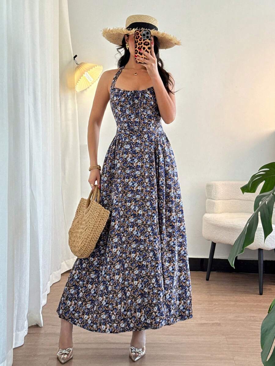 Breezaya Đầm dài họa tiết hoa chữ A cổ thấp thanh lịch, buộc eo, viền chữ A, khóa kéo ẩn phía sau dành cho nữ, mùa xuân/hè - Nhiều màu - Xem 1