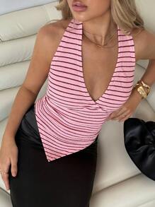 SHEIN Women's Elegant Striped Slim Fit Sleeveless Top With Asymmetrical Hem, Suitable For Summer - Multicolor - View 6