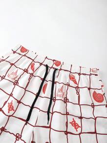 Surfspeed Men's Summer Vacation Style Fishnet & Shell Print Drawstring Waist Side Pockets Beach Shorts - Orange - View 3