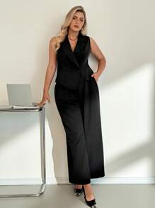 Auralis Ensemble deux pièces pour femmes grandes tailles, printemps et été, mode décontractée et confortable. Top slim noir de base pour la vie quotidienne et pantalon à jambes dénudées. Style minimaliste, style vieille fortune, tenue de bureau, ensemble pantalon, tenue décontractée femme, tailleur courbe, été européen, ensemble blazer