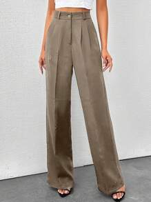 SHEIN Tall Tall Women's Solid Color High Waisted Wide Leg Pants - Coffee Brown - View 6