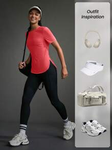 Exploreva Camiseta deportiva informal para mujer con dobladillo curvo de unicolor, de verano