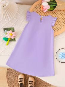 SHEIN Elladie kids Đầm xòe xếp ly phía trước họa tiết hoa 3D màu hoa oải hương cho bé gái mặc hàng ngày thanh lịch - Màu tím - Xem 2