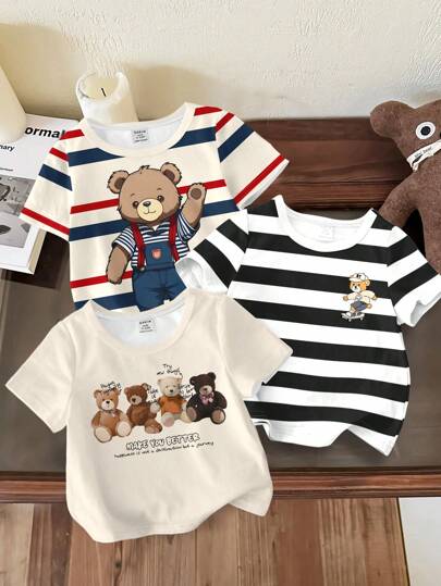 SHEIN Camiseta gráfica de oso de peluche para niños, informal y cómoda de manga corta para niños pequeños, primavera/verano