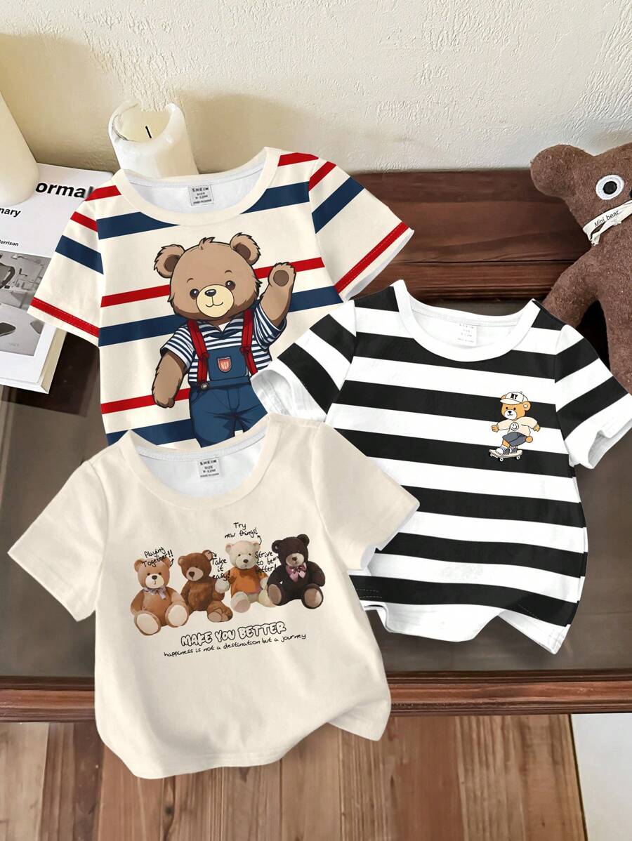 SHEIN Áo thun trẻ em Teddy Bear Graphic, giản dị, thoải mái, tay ngắn cho bé trai, mùa xuân/hè - Nhiều màu - Xem 1