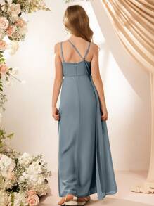 Flower Girl & Big Girl Elegant Flowing Chiffon Spaghetti Strap Ruffle Split Dress, For Wedding, Party, Performance Fall Winter - Blue - View 2