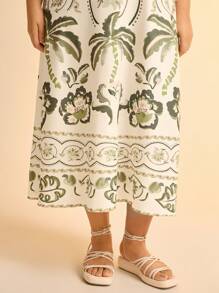 CAJUNI 波西米亚风热带花卉、龟背竹叶、椰子树、菠萝印花深 V 领荷叶边袖长裙、休闲度假大码连衣裙 - 彩色 - 查看 6