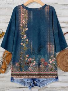 SHEIN LUNE Camiseta informal con estampado floral, de corte minimalista, adecuada para vacaciones de verano, talla grande - Multicolor - Ver 2