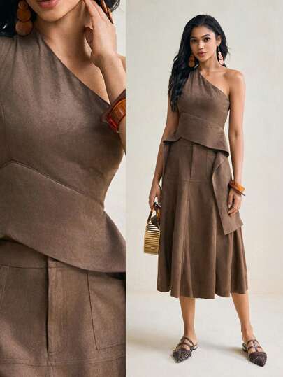 TSS Designer Mocha Brown Suede Asymmetric Top Long Peplum Boho Vacation Top