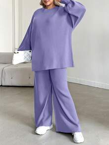 EURMUSE 2pcs Plus Size Solid Color Long Sleeve Sweater Top And Pants Set - Lilac Purple - View 5