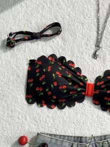 Swim Mod Women's Sweet Cherry Print Ruffled Trim Beach Halter Swimwear Top, Summer - Multicolor - View 4