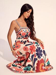 SHEIN Tall Women's Sleeveless Gathered Waist A-Line Floral Print Vacation Casual Dress, Spring/Summer,Boho Clothes Women - Apricot - View 5