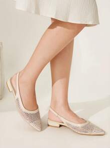 CUCCOO CHICEST 夏季新款闪亮水钻网眼面板尖头平底鞋，优雅时尚的女士网眼一脚蹬平底鞋，非常适合喝茶、约会、聚会、度假