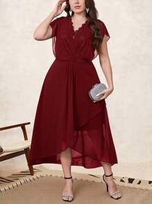 SHEIN Clasi 大码女式纯色撞色蕾丝蝙蝠袖优雅连衣裙 - 酒紅色 - 查看 3