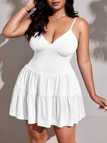 Viva Relle Women's Plus Size Casual Solid Color Off-Shoulder Spaghetti Strap Dress, Summer Peplum Pupoy Keep - White - View 5