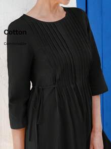 EMERY ROSE Spring/Summer Casual Loose Round Neck Mid-Length Sleeve Midi Dress With Stripe Detail For Women - Black - View 6