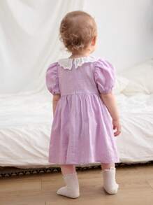 SHEIN Baby Girl Ruffle Trim Round Neck Puff Sleeve Cinched Waist A-Line Dress - Multicolor - View 2