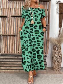 EMERY ROSE Plus Size Women Summer Leopard Print Asymmetric Neck Side Slit Loose Casual Dress - Multicolor - View 3