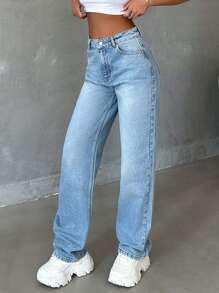 SHEIN Tall HIGH RISE STRAIGHT CUT LIGHT BLUE JEAN TALL - Light Wash - View 9