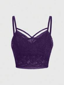 ROMWE Goth 女式 V 领黑色蕾丝修身吊带背心上衣 图案 T 恤 女式上衣 - 紫色 - 查看 1