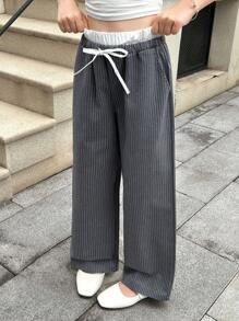 SHEIN Tween Girls' Loose Casual Contrast Striped Waistband Wide Leg Pants, Comfortable Mid-Rise - Black - View 4
