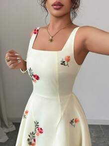 SHEIN Raffinéa Vestido de verano de mujer con cuello cuadrado elegante y minimalista, con manga abullonada y bordado - Amarillo - Ver 6