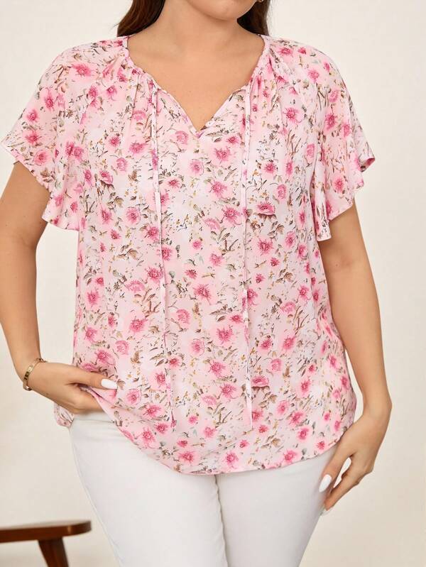 SHEIN Clasi Plus Size Women Summer Floral Print Ruffle Sleeve Loose Casual Blouse