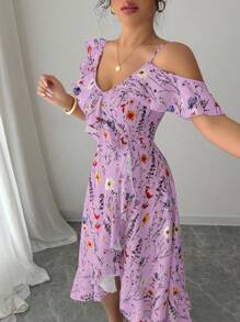 Elenzga Asymmetric Ruffle Hem Printed Dress, Casual Practical Multi-Function - Purple - View 5