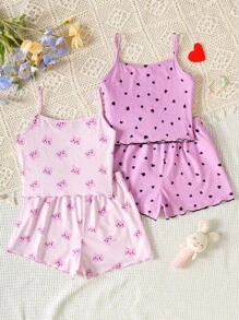 SHEIN Leap Crew 4 件套女童卡通猫咪和心形印花荷叶边吊带上衣和短裤舒适休闲睡衣套装 - 淡紫色 - 查看 2