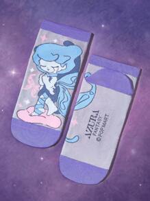 Pop Mart Azura X SHEIN 5 Pairs Cartoon Pattern Fashionable Cute Macaron Color Fantasy Soft And Breathable Moisture-Wicking Women Elastic Ankle Socks, Reinforced Toe And Heel, Suitable For Spring, Summer, Autumn, Winter, Pink & Purple