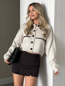 SHEIN Women Stitch Detailed Front Button Stripe Pattern Cardigan Cropped Cardigan,Long Cardigans Woman,Petite Cardigans,Cardigans