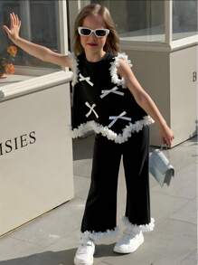 Elladie kids Young Girl Fashionable Ruffled Edge Bow Decor Camisole Dress & Bell Bottoms Outfit Set - Black - View 1