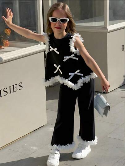 Elladie kids Young Girl Fashionable Ruffled Edge Bow Decor Camisole Dress & Bell Bottoms Outfit Set