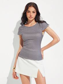 Roylia Women Simple Round Neck Plaid Cutout Back Fitted Short Sleeve T-Shirt - Multicolor - View 5
