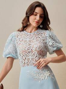 Anewsta Elegant New Lace Sheer See-Through Lantern Sleeve Round Neck Women's Top/T-Shirt/Blouse For Spring/Summer - Baby Blue - View 6