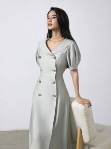 Heiryn Vestido midi de verano para mujer, de unicolor elegante, con cuello cuadrado, mangas abullonadas, cintura fruncida y doble botonadura