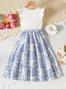 SHEIN 青少年女孩休闲日常度假蓝色碎花荷叶边松紧腰连衣裙 - 藍白色 - 查看 2