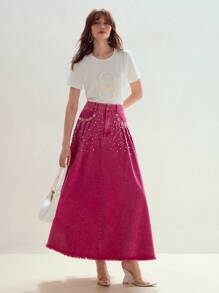 MOTF STUDIO SPÓDNICA DŻINSOWA Z KIESZENIAMI I SZTUCZNYMI PERŁAMI - Różowy - Zobacz 7