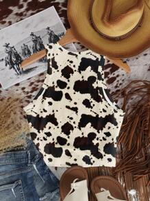SHEIN EZwear 休闲简约圆领奶牛印花西部波西米亚风修身背心，适合夏季、度假、春假穿着 - 彩色 - 查看 2