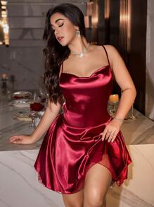 SilkySpell 加大码女式性感缎面露背交叉肩带网眼拼接吊带背心吊带裙 - 酒紅色 - 查看 1