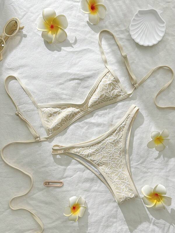 Swim Mod 2pcs Women Jacquard Fabric Spaghetti Strap High Cut Sexy Bikini Set, Summer