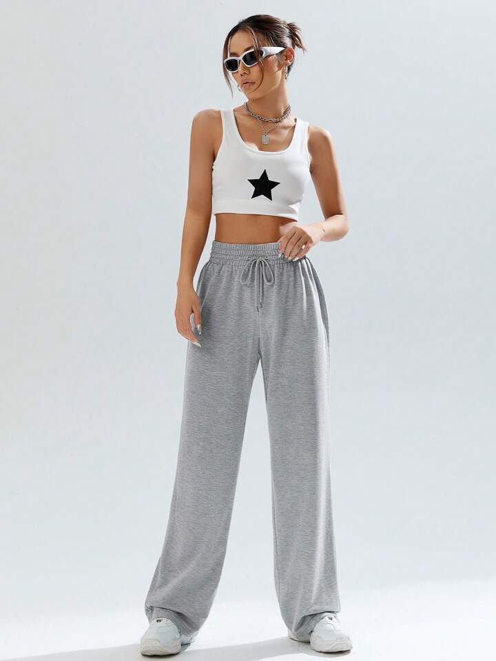 入荷now 口コミ SHEIN EZwear 春色グレー ドローストリング ウエスト スウェット パンツ
