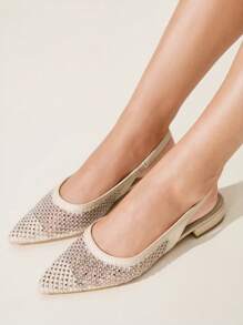 CUCCOO CHICEST 夏季新款闪亮水钻网眼面板尖头平底鞋，优雅时尚的女士网眼一脚蹬平底鞋，非常适合喝茶、约会、聚会、度假