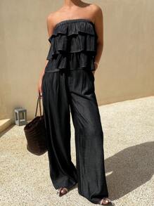 Livesso 2pcs Women Vacation Solid Color Ruffle Hem Crop Top And Pants Set Lounge Sets For Women - Black - View 5